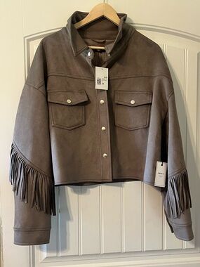 Forever 21 Cropped Fringe Suede-Look Jacket - grey